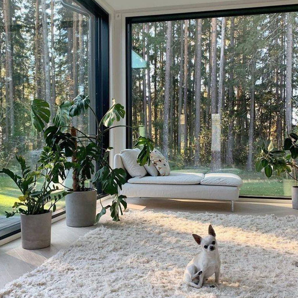 sala minimalista com janelas que permitem ver a parte de fora